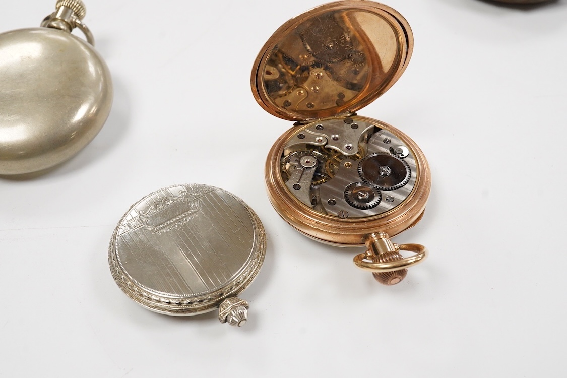Two Waltham base metal keyless pocket watches including a dress pocket watch with Arabic dial and subsidiary seconds, together with a gold plated open faced keyless pocket watch and a base and gun metal 'Regulateur' open